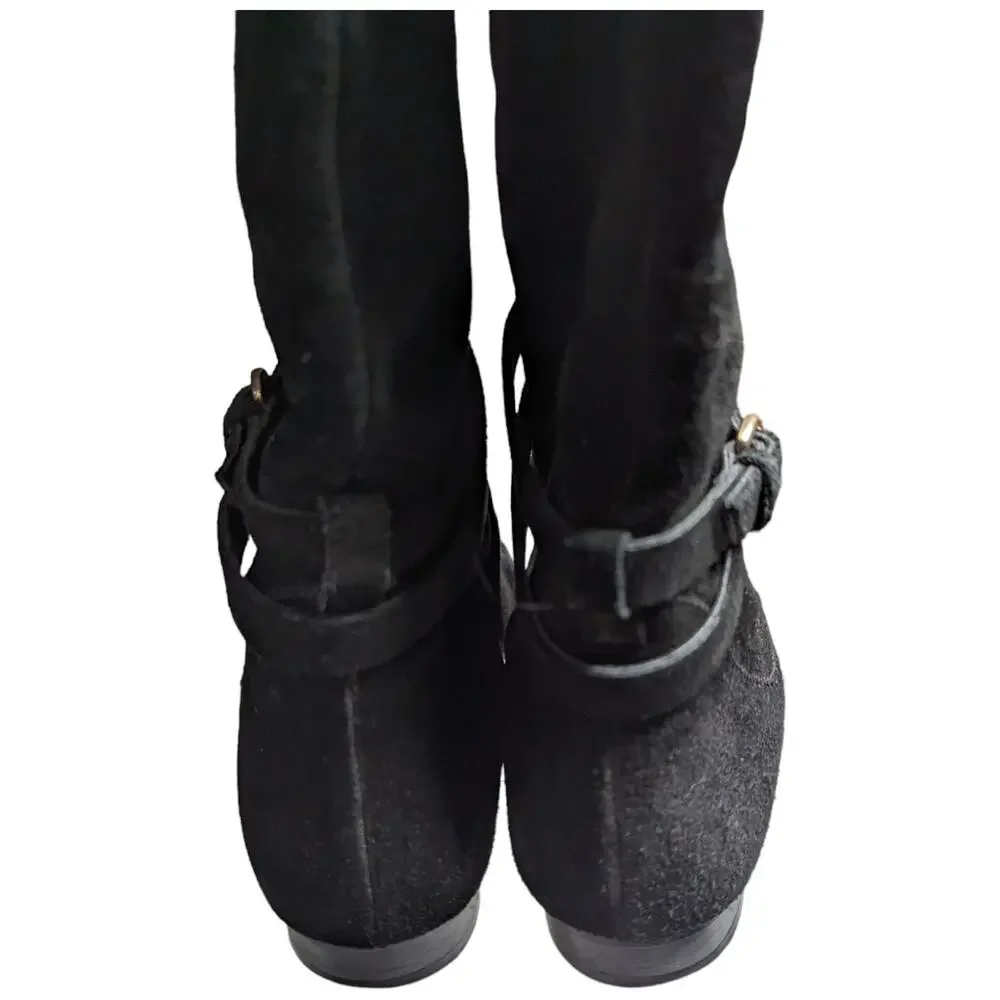 Bettye Muller Anthropologie Black Suede Fold Top Over the Knee Flat Boots 37.5 7